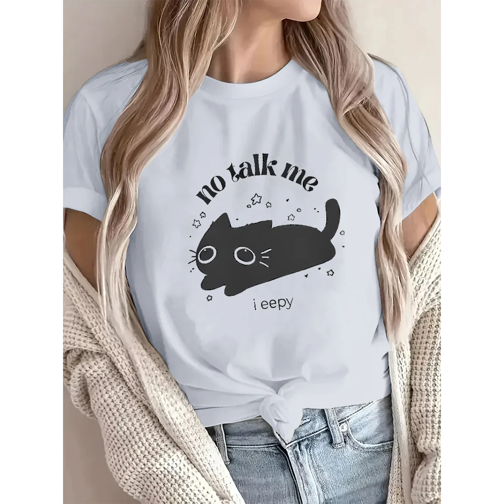 

Футболки с рисунком NO Talk Me Black Cat, женские хлопковые футболки, летние удобные топы с круглым вырезом, повседневная свободная одежда с короткими рукавами