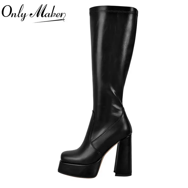 Onlymaker Women Square Toe Platform  Knee High Boots Classic Big Size Winter Black Matte Lady  Side Zipper Punk Boots