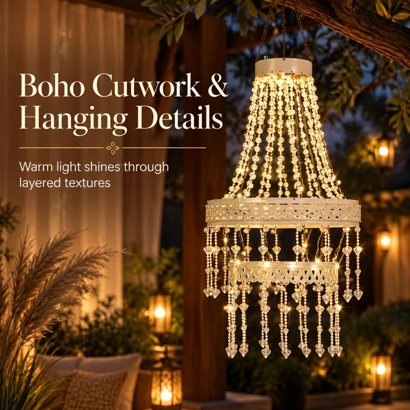 Solar Powered LED Hanging Lanterns Outdoor Elegant Acrylic Crystal Chandelier Garden Passage Decor Simulated Crystal Lighting
