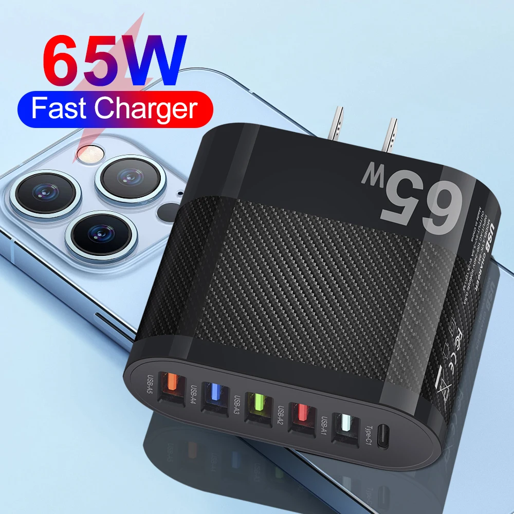 65W 5Ports USB Charger PD Fast Charging Adapter For Xiaomi iPhone 15 14 13 Samsung Mobile Phone Plug Charging QC3.0 Wall Charger