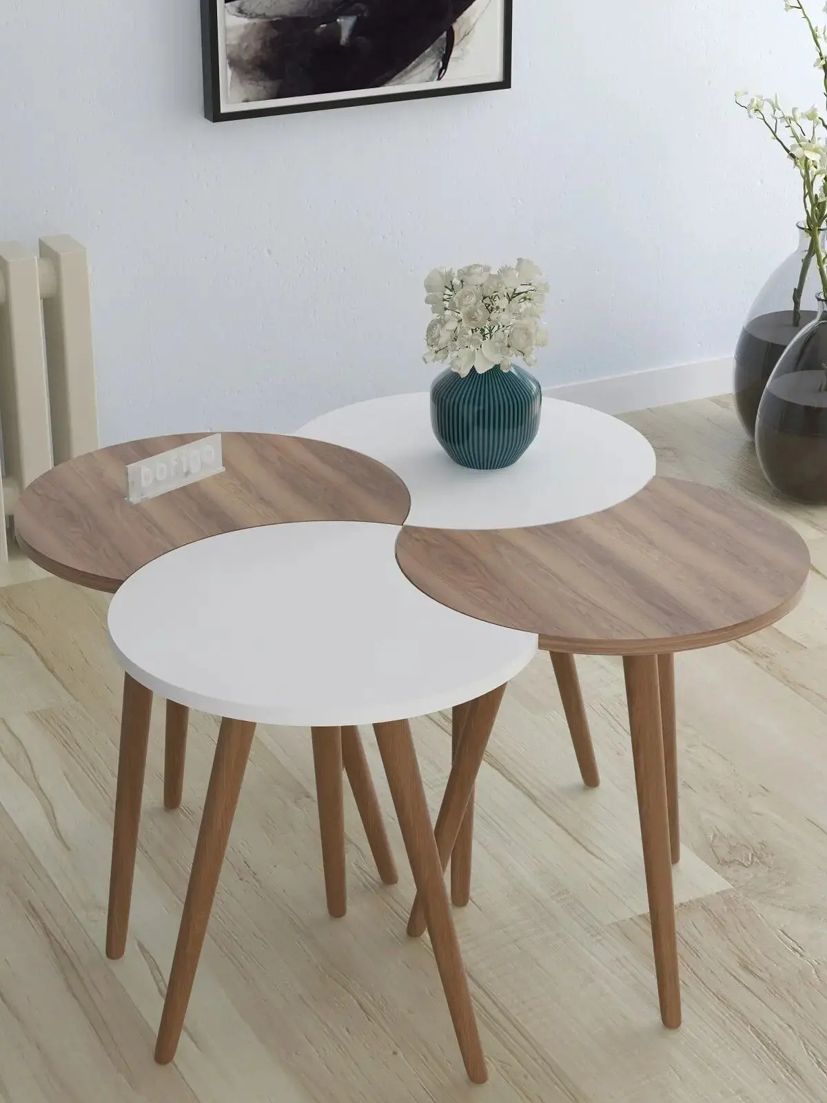 Modern Coffee Table 4 Pieces Scandinavian Medium Table Wooden Foot Side Tea Coffee Service Tables Round Living Room Serving Tables Furniture