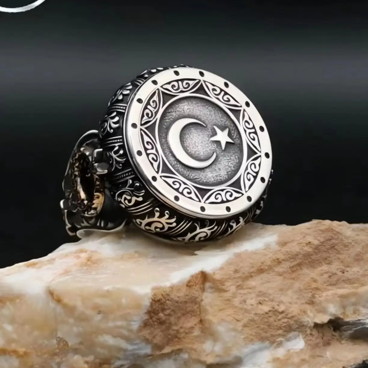 Celestial Moon and Star Embroidered Silver Men's Ring - Turkish Inspired Handmade Band