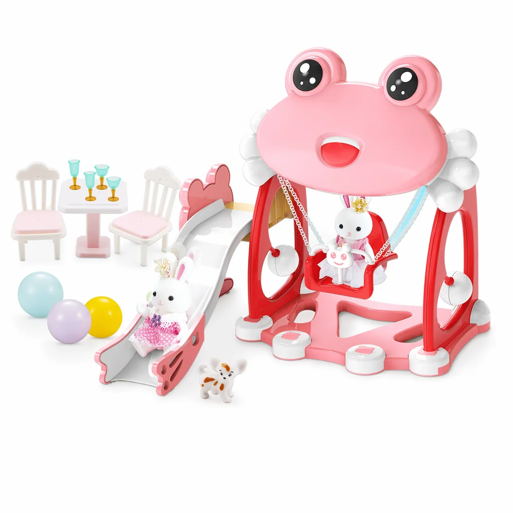 Konijnen Speeltuin met Glijbaan en Schommel – Kikkerthema Mini Poppenhuis – Set van 19 Stuks met Dierenfiguren – Educatief en Leuk Speelgoed