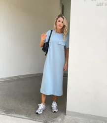2024 Summer New Design Casual Women Long Dress with Pockets Wihte Blue