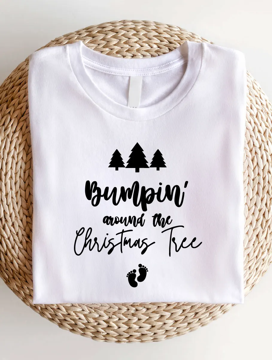 Bumpin Around the Christmas Tree Shirt, Pregnancy Announcement T-Shirt, Xmas Maternity Short Sleeve Tee