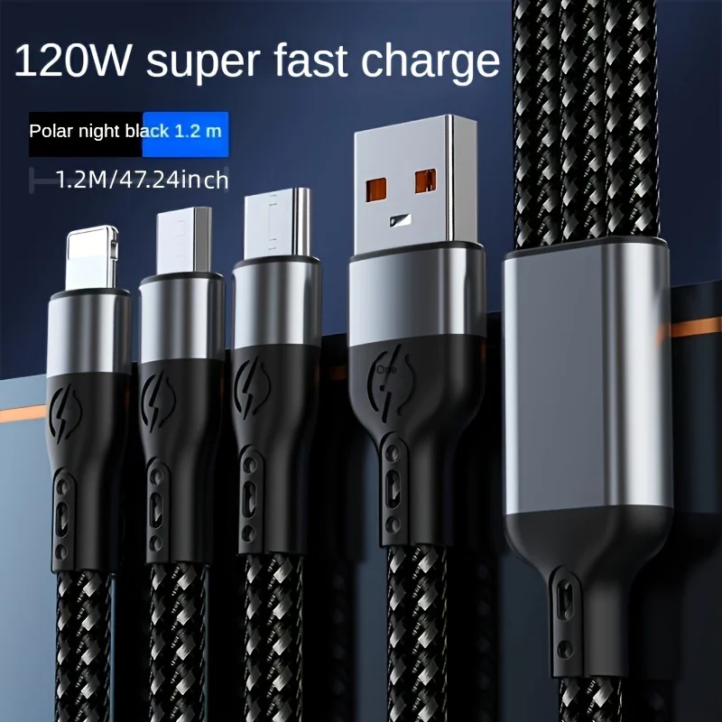 120W 3-in-1 USB To C / For IPhone/ Miniature Fast Charging Cable, For Samsung S22/iPhone 14 Pro Max/ Millet / POCO/Pixel/Lenove