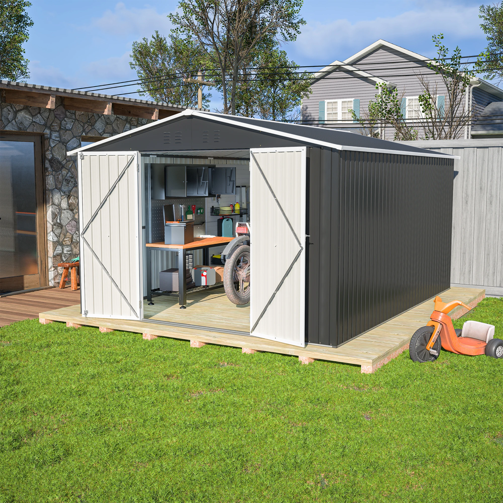 

10x12 ft outdoor metal storage shed, lockable doors, updated frame, large garden shed for backyard patio lawn