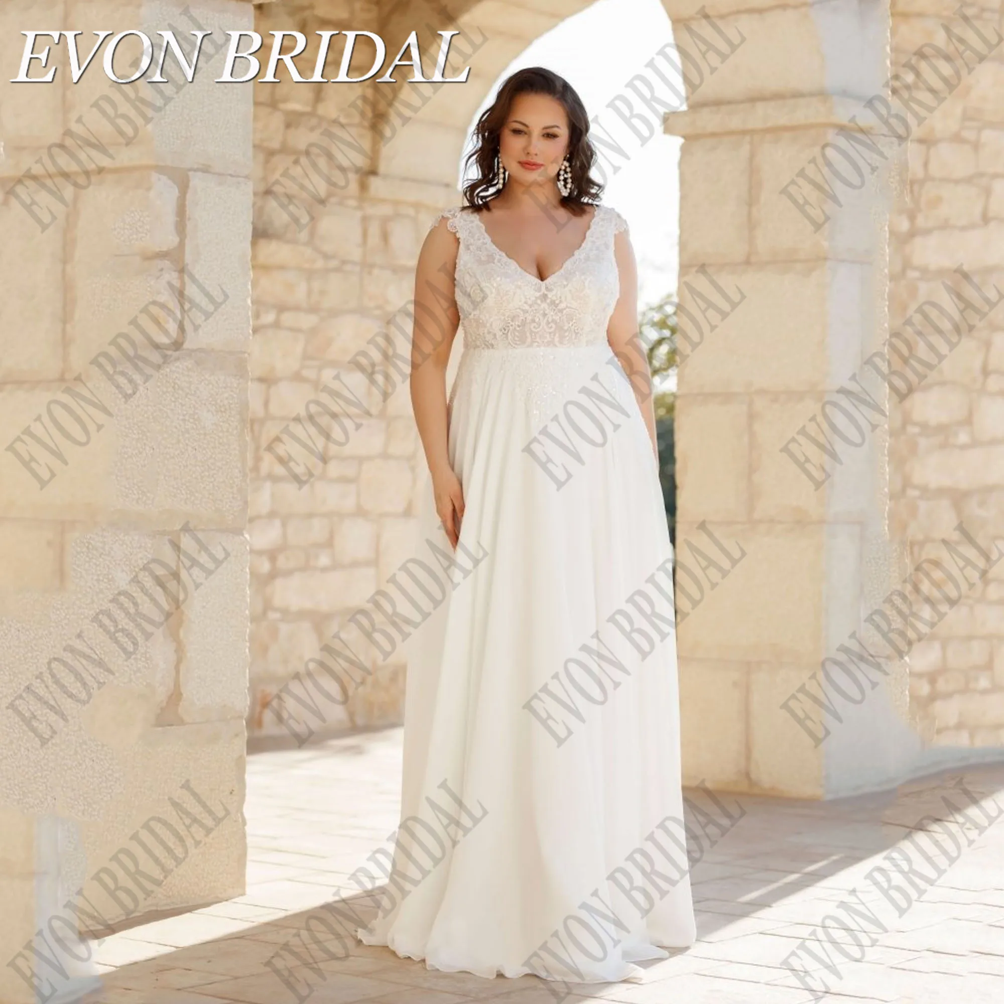 

EVON BRIDAL A-line Chiffon Wedding Dresses Plus Size Sleeveless Applique robe de mariée Beach Bride Gowns Sweep Train Customized