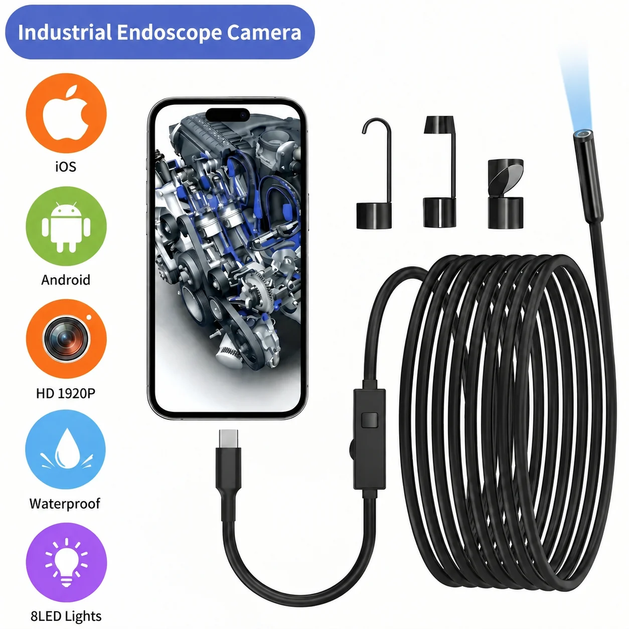 1920P HD 3 in 1 Endoscope Camera for iPhone Android Type-C HD IP67 Waterproof Borescope Single/Dual Lens Inspection Camera