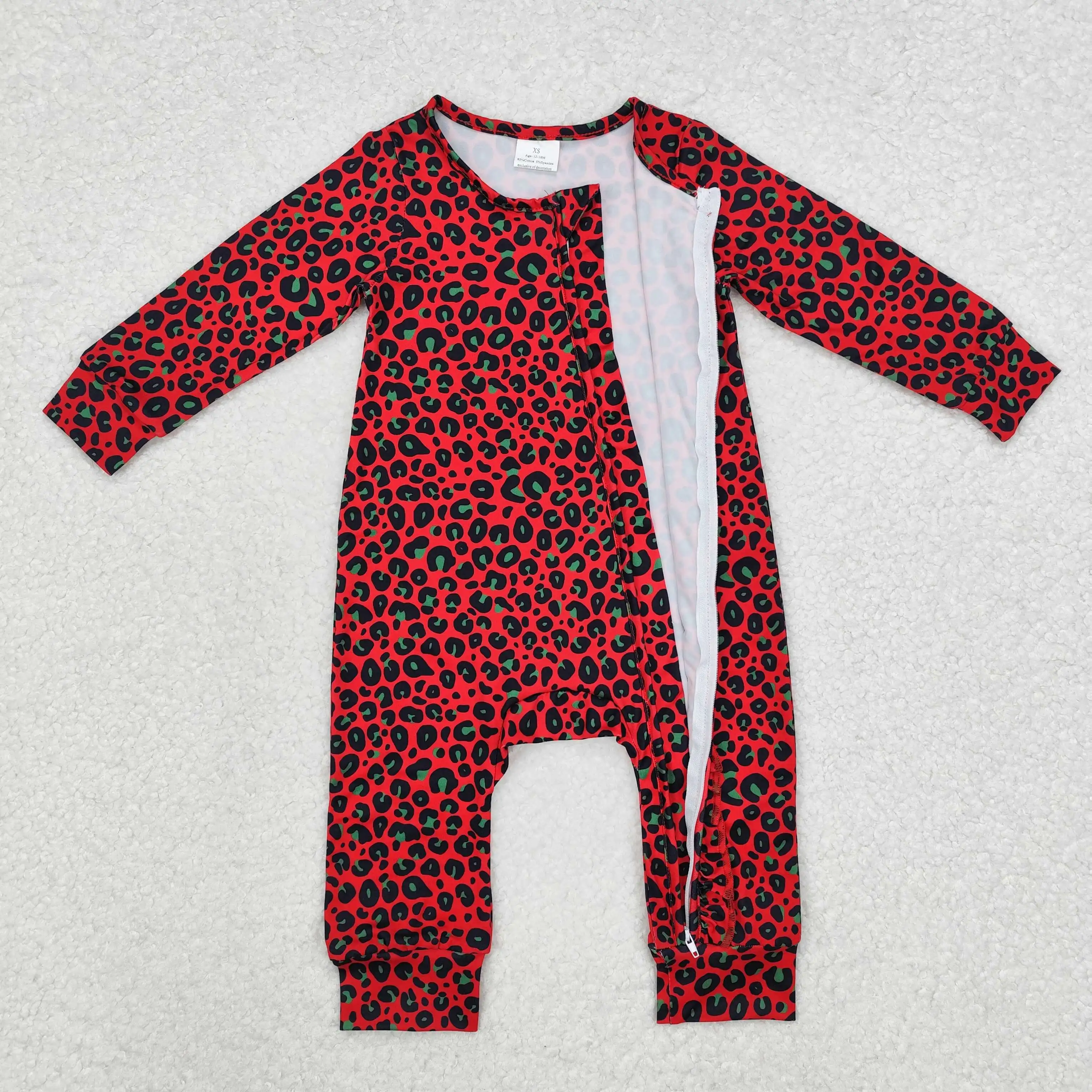 Western Fashion Toddler Baby Girls Infant Girls Christmas Red Green Leopard Zip Rompers Wholesale Boutique Children RTS Romper