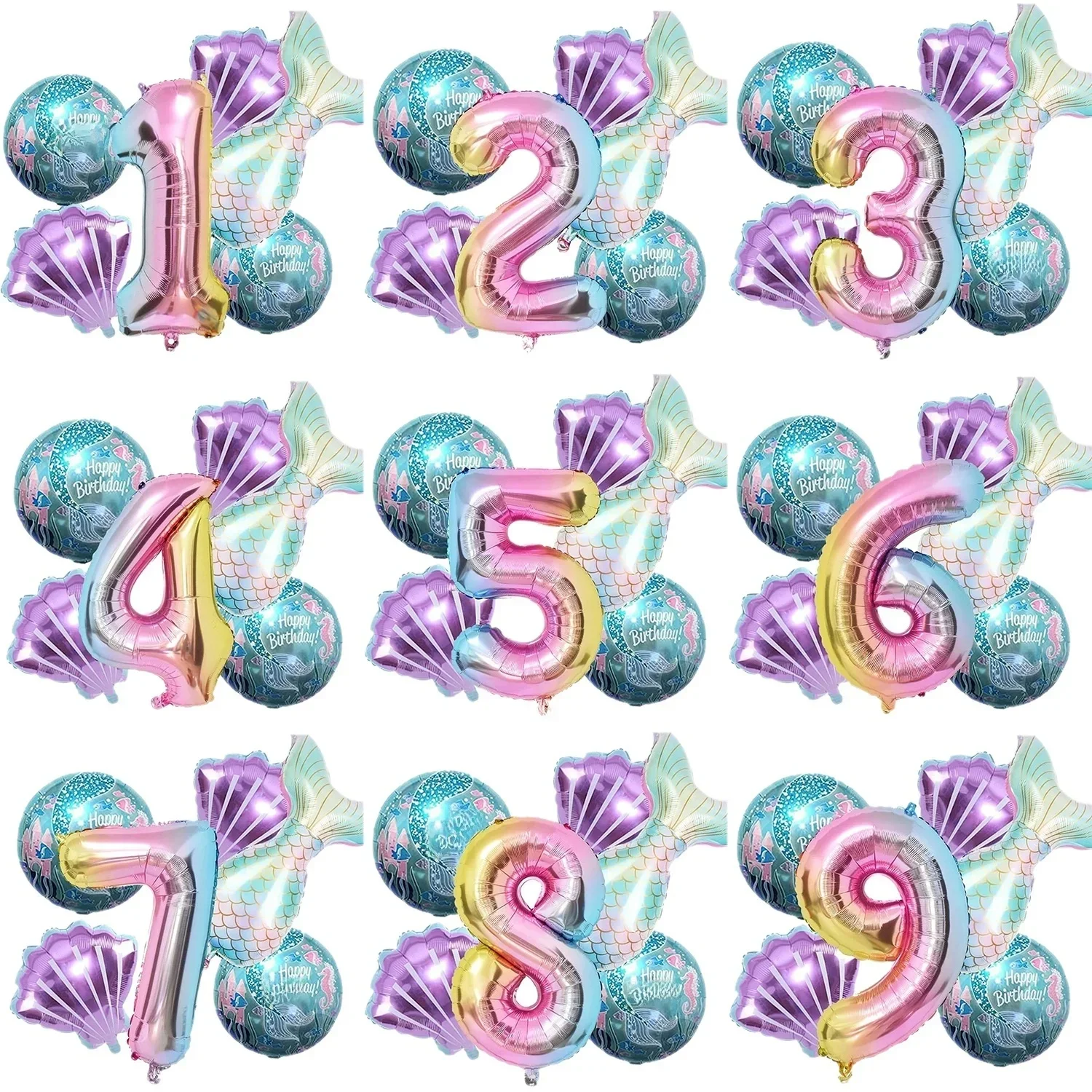 6-teiliges Meerjungfrauenschwanz-Kugel-Set aus digitaler Folienballon, Meerjungfrau, Ozean, Märchen, Meer, Thema, Mädchen, Geburtstag, Party, Nummer 0–9, Dekoration