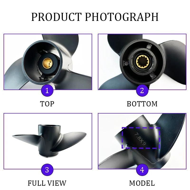 For Tohatsu Mercury 4-6hp 7.8*9 Outboard Propeller Aluminum Alloy Screw 3 Blade Boat Accessory 12 Spline Marine Engine Part