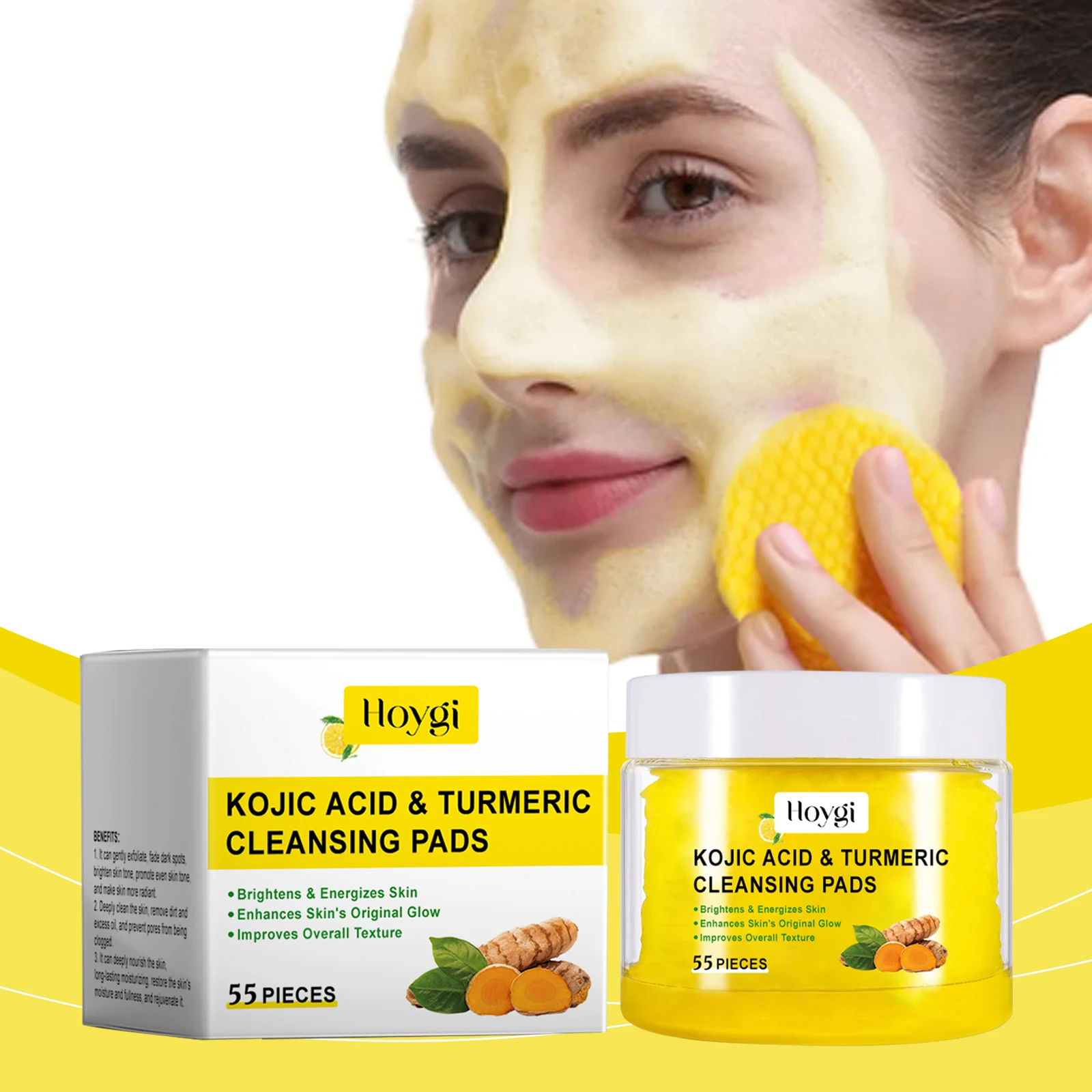 

55pcs Hoygi Turmeric Exfoliating Pads Gentle Cleanse Deep Pore Brighten Skin Tone Hydrate Glow Facial Care Unclog Dirt Nourish