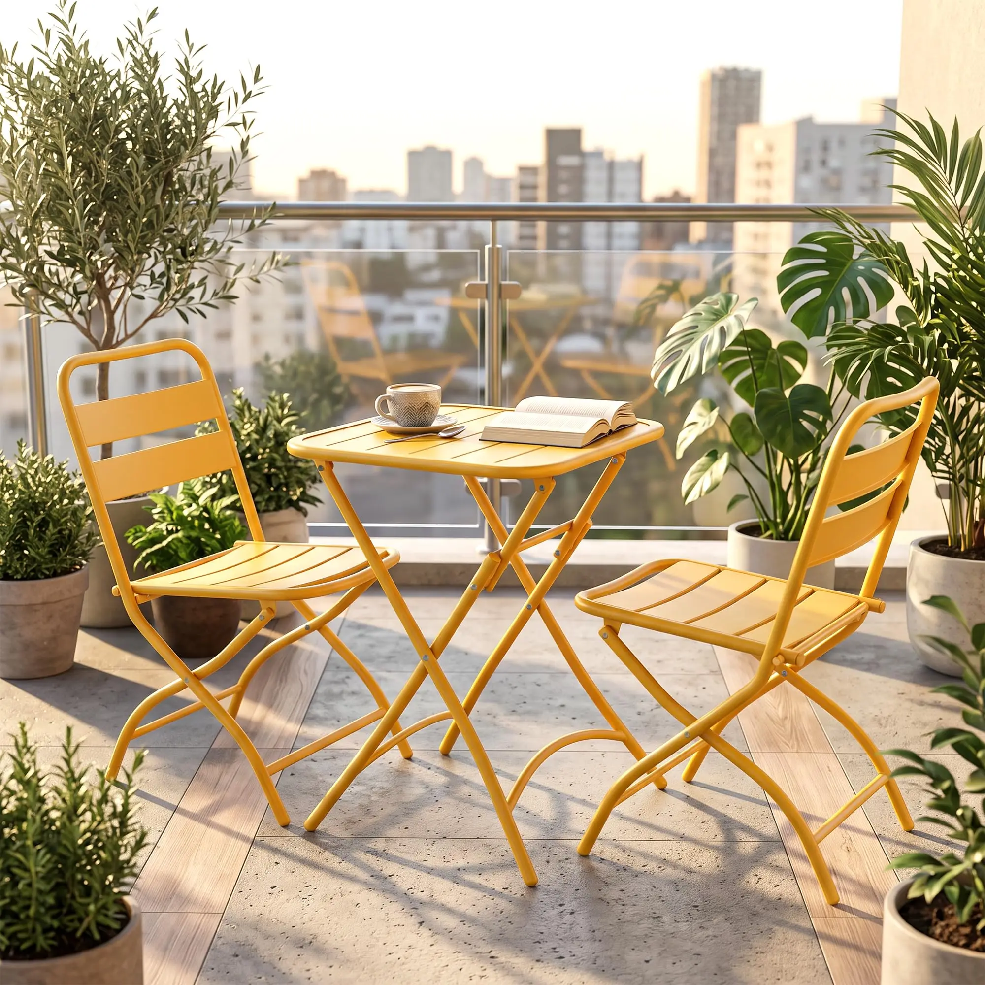 Set da bistrot HiMISS composto da 3 pezzi, con tavolo pieghevole e 2 sedie, mobili da esterno/da interno in acciaio resistente, ideale per patio, giardino o cortile.