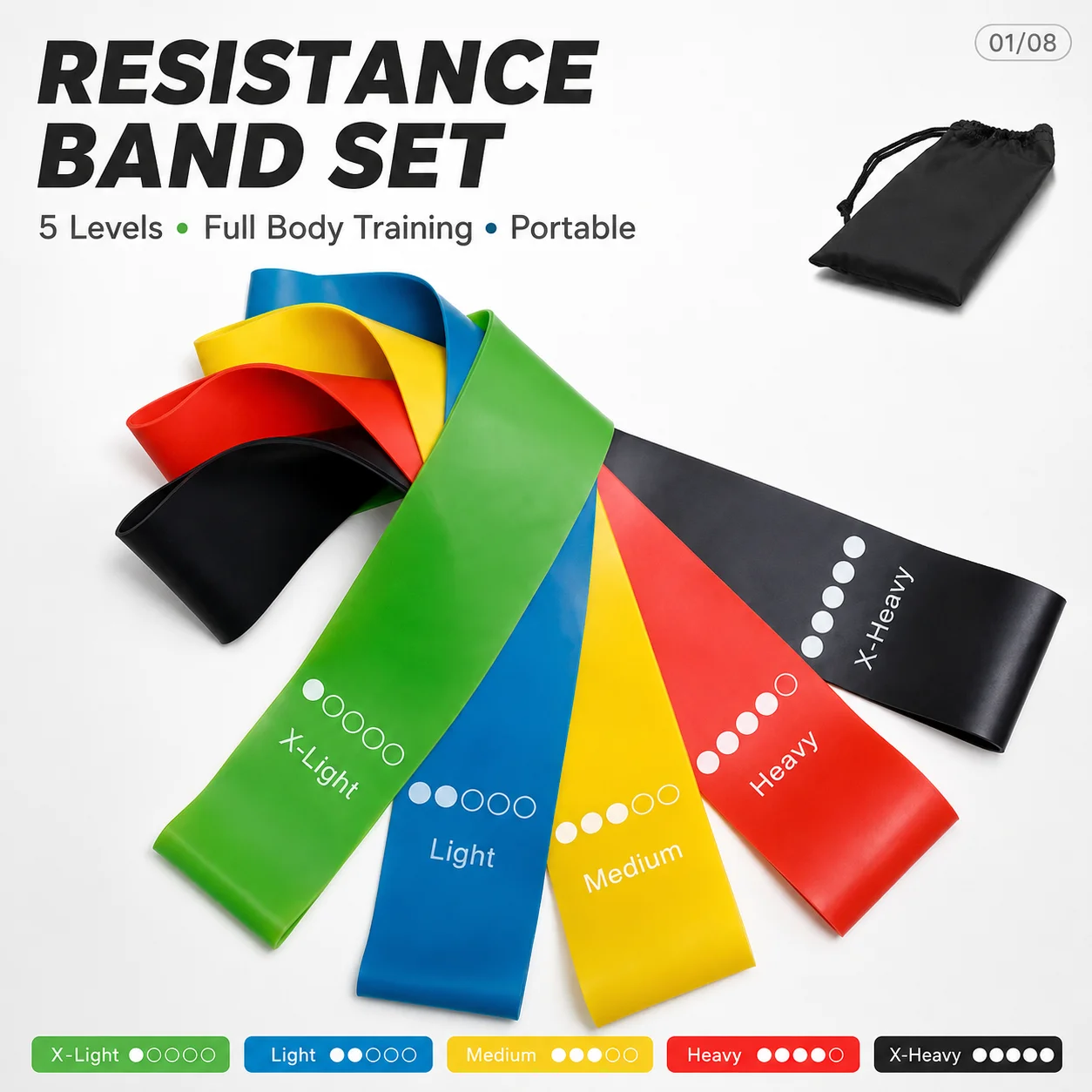Ensemble de bandes de résistance 5 niveaux en latex pour les fessiers, les jambes, l'étirement, le fitness, l'entraînement à domicile et en salle de sport avec sac de transport