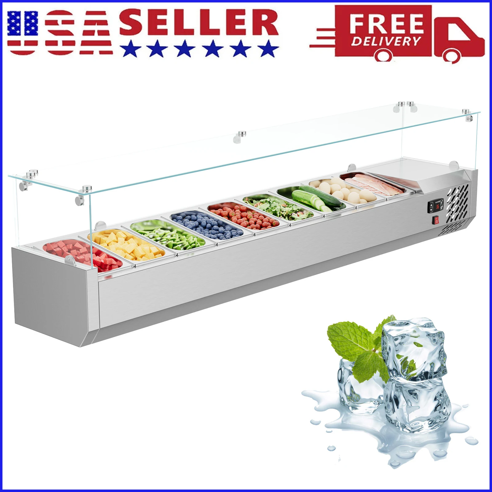 Estación de Preparación Refrigerada de 71 Pulgadas para Condimentos, Mesa de Preparación de Sándwiches con Cuerpo de Acero Inoxidable 304, Barra de Ensaladas con Protector de Vidrio Templado