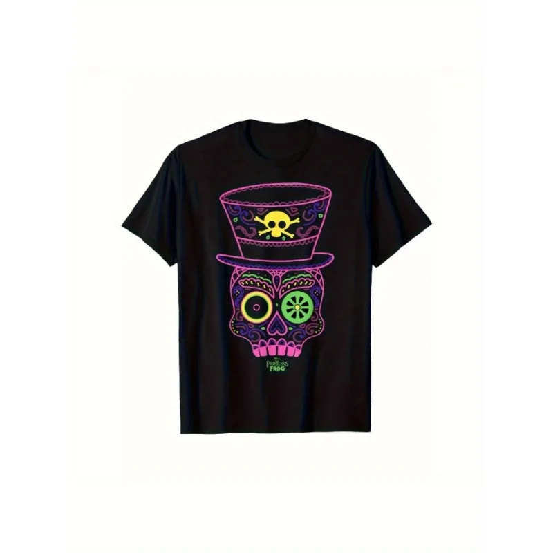

Princess and Frog Neon Graphic T-Shirt with Vibrant Skull Roses & Stars Design Regular Fit Top Casual Wear All-Season Comfort