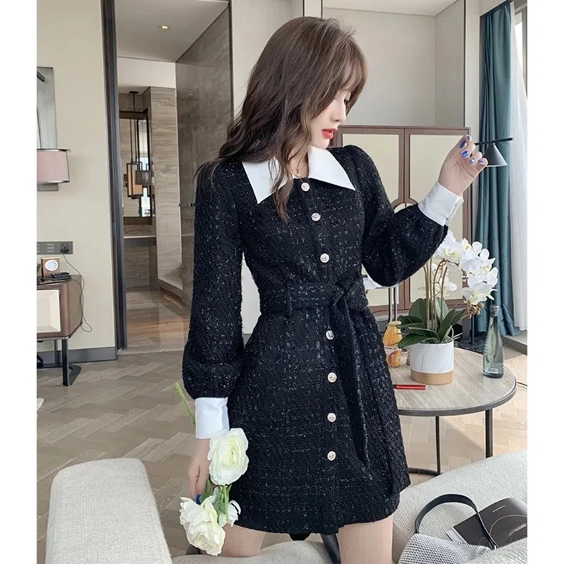 2023 New Women's Sequin High Waist Long Sleeve Black Spring Tweed Dress OL