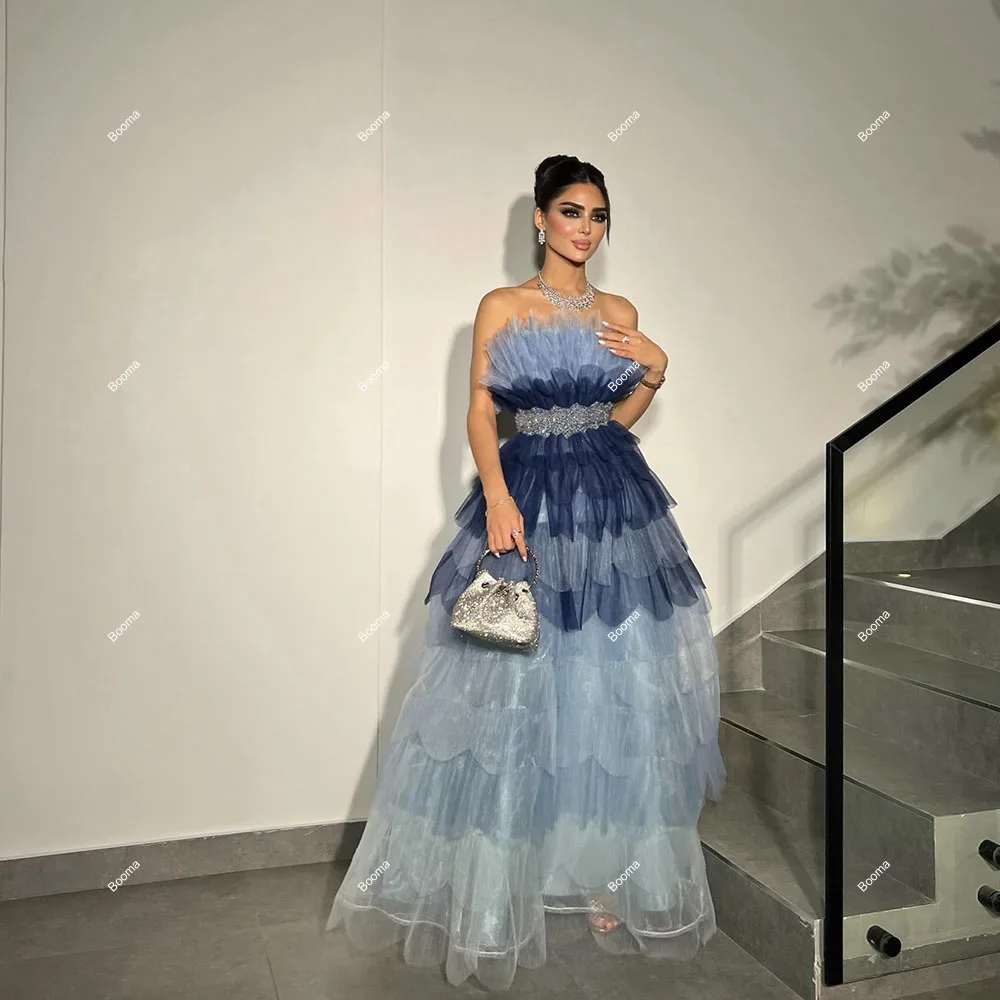 Booma A-Line Prom Dresses Strapless Tiered Tulle Long Formal Occasion Gowns for Women Arabic Party Evening Dress Dubai