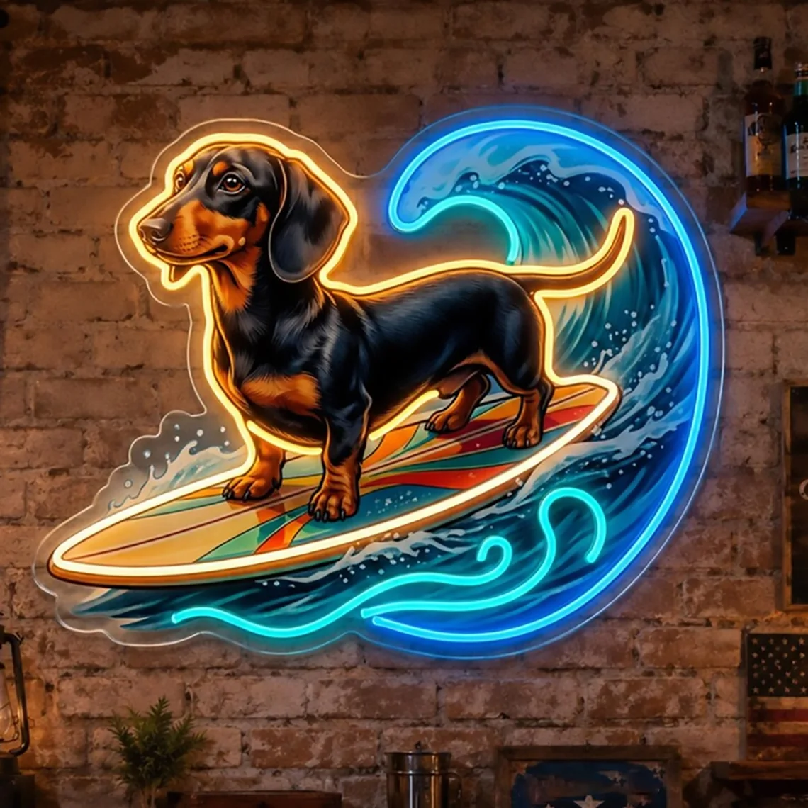 Surfing Dachshund Neon Sign Cute Dog Neon Wall Art for Beach House Decor
