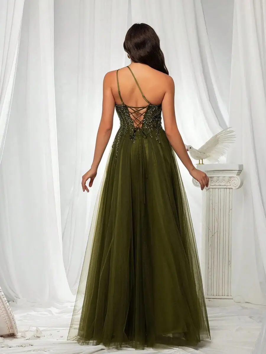 Sexy One Shoulder Beaded Decoration Sheer Mesh High Slit Prom Dresses A-Line Sleeveless Formal Long Evening Party Ball Gown