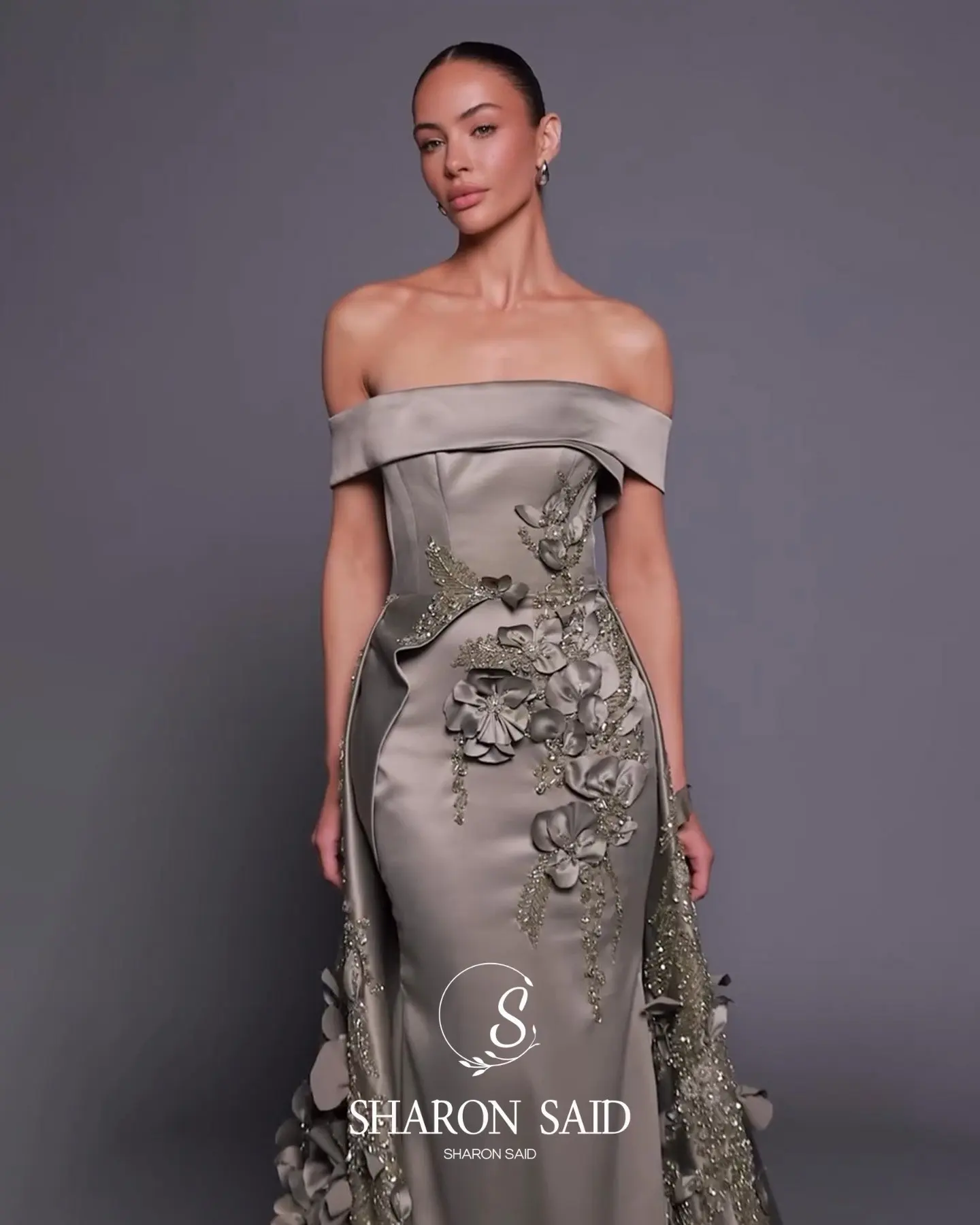 Sharon Said Elegant Off Shoulder Silver Gray Dubai Evening Dress with 3D Flowers Women Wedding Party Gown SF311 Customized