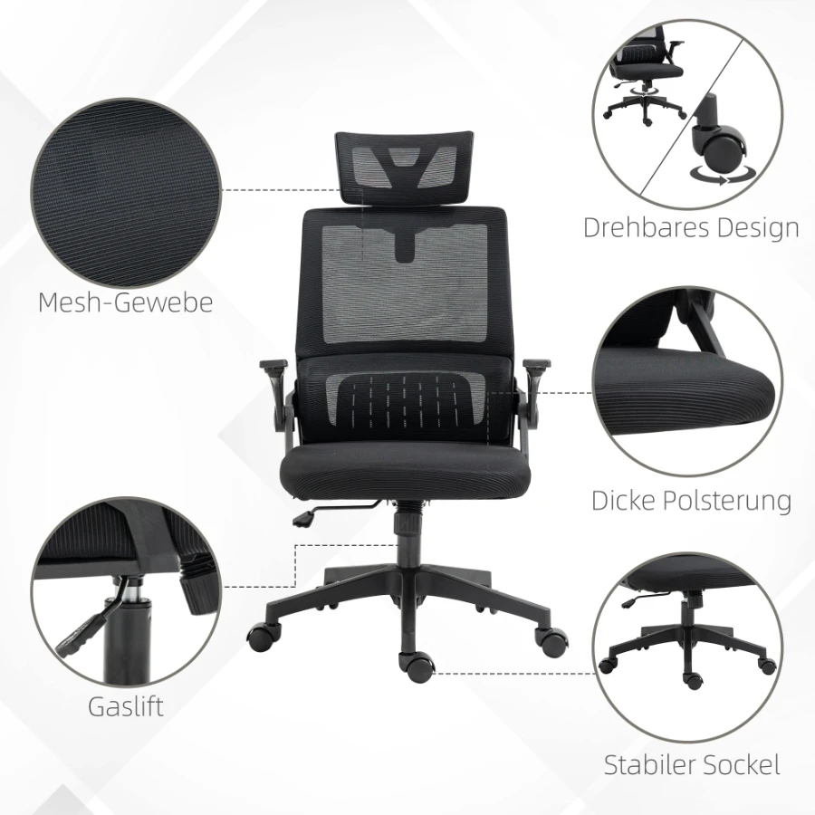Chaise de bureau ergonomique et réglable avec appui-tête et accoudoirs ; une chaise d'ordinateur avec réglage en hauteur et fonctions pivotantes et inclinables.