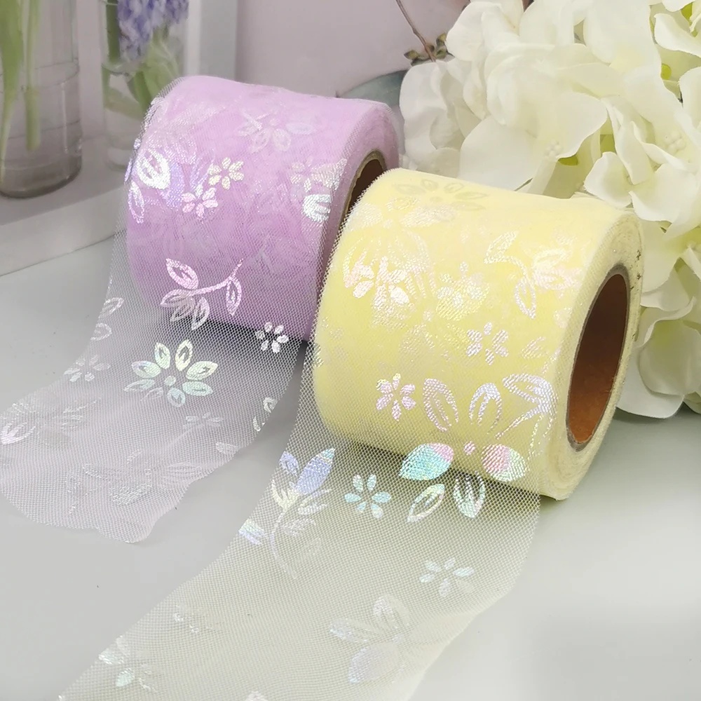 Flower Printed Mesh Ribbon Net Fabric Film, Floral Tulle, DIY Princess Tiara, Baby Shower Hairbow, Bridal Veils, 6cm, 25Yards