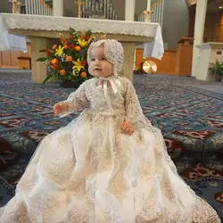 Vintage Pearls Christening Gown for Baby Long Sleeve Lace First Communion Dress Toddler Infant Baptism Gowns