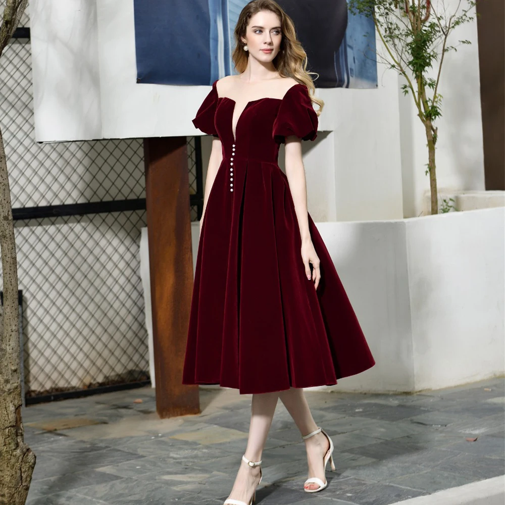 

Elegant O-Neck Short Sleeve Evening Dress Tea-Length Velvet A-Line Women Party Banquet Custom Made Princess Prom Gowns 2023