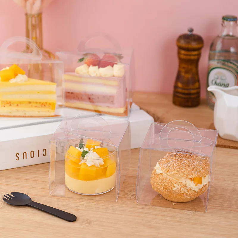 50 Packungen transparente geschnittene Kuchenbox, durchsichtige PVC-Mousse-Kuchenbox, Cupcake-Box mit Griff für Hochzeit, Geburtstag, Mitbringsel
