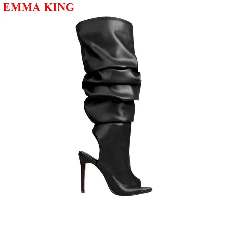 

New Fashion Ladies Knee High Boots Womens Sexy Pleated Open Toe High Heels Party Boots Designer Black Slingback Long Boots Woman