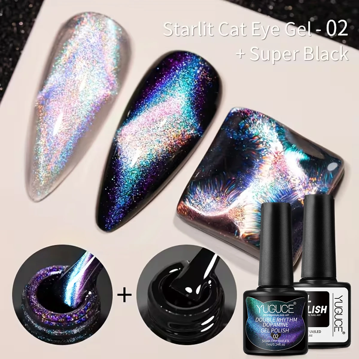 YUGUCE 2PCS/SET dual color cateye+black nail polish kit, immersionLED light can cure semi permanentvarnish