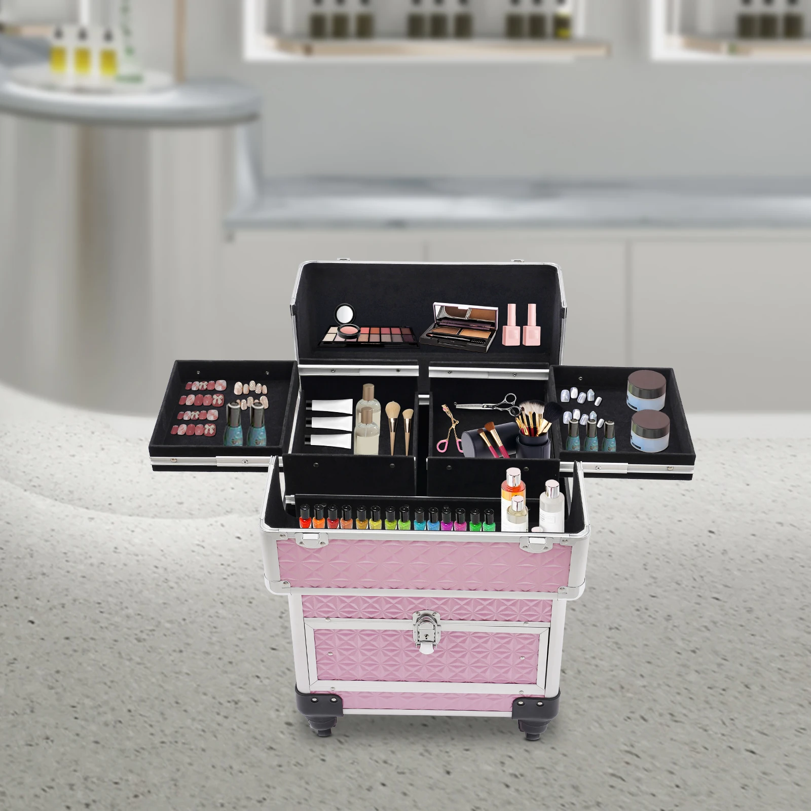 Makeup Train Case, Makeup Trolley with 7 Compartments and Smooth Drawer, Pink Nail Art Tattoo Hairdressing Storage Box, Gift