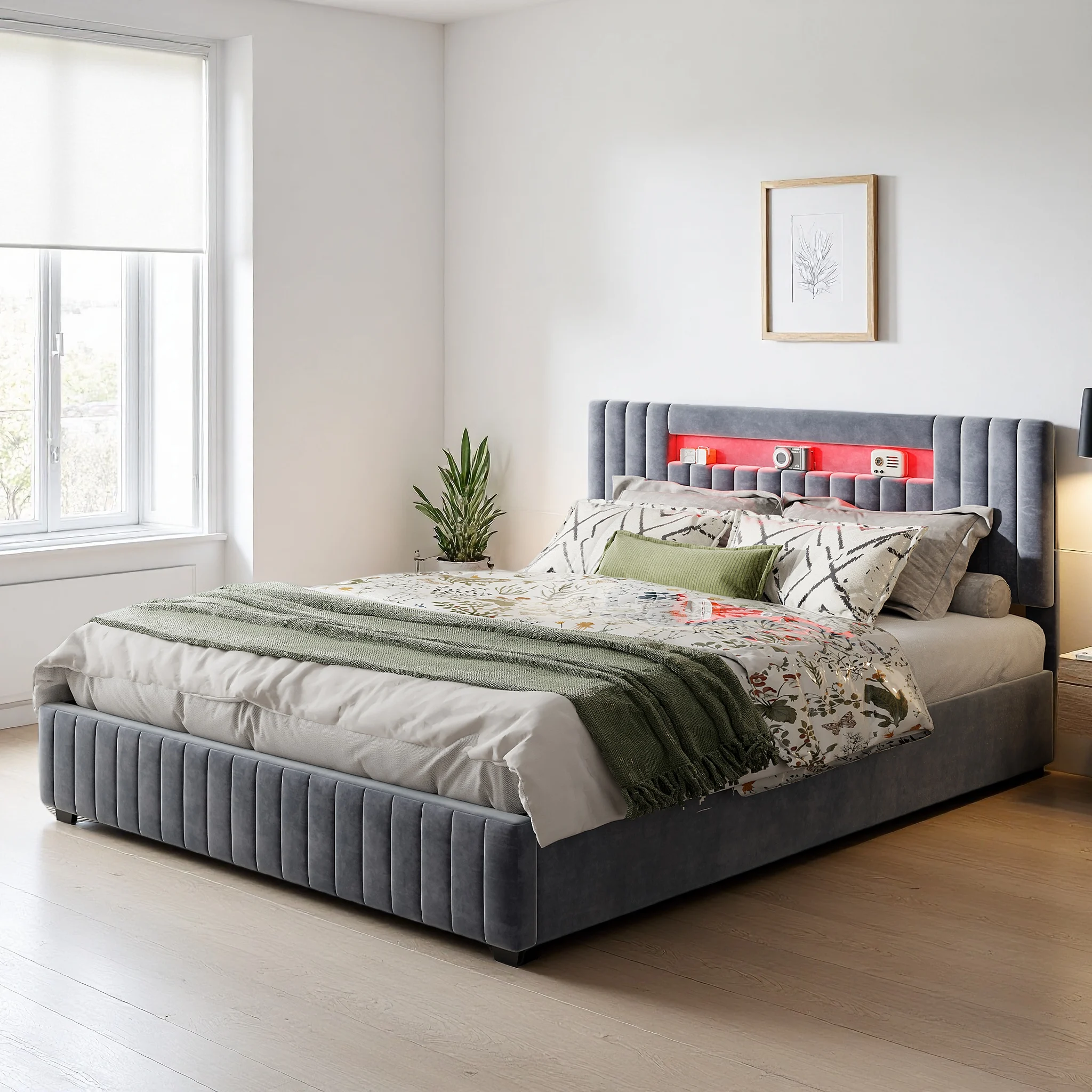 Superaly gestoffeerd tweepersoonsbed met LED-verlichting 140×200cm/160×200cm Hydraulisch opbergbed Fluwelen hoofdeinde Bedframe
