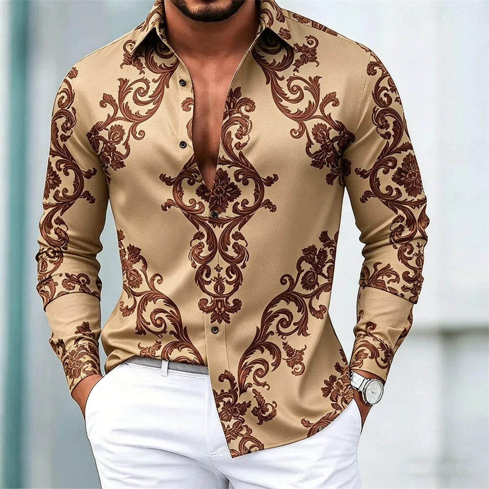 Men's Long Sleeve Shirt Gold Baroque Floral Print Satin Lapel Button Up Luxury Casual Party Business Male Tops