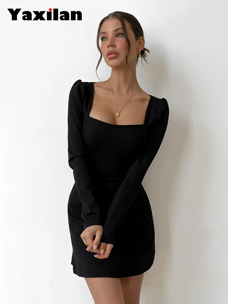 InsLucky Autumn Elegant Evening Dresses Women Long Sleeve Square Collar Slim Solid Black Mini Dress Office Lady Bodycon Fashion