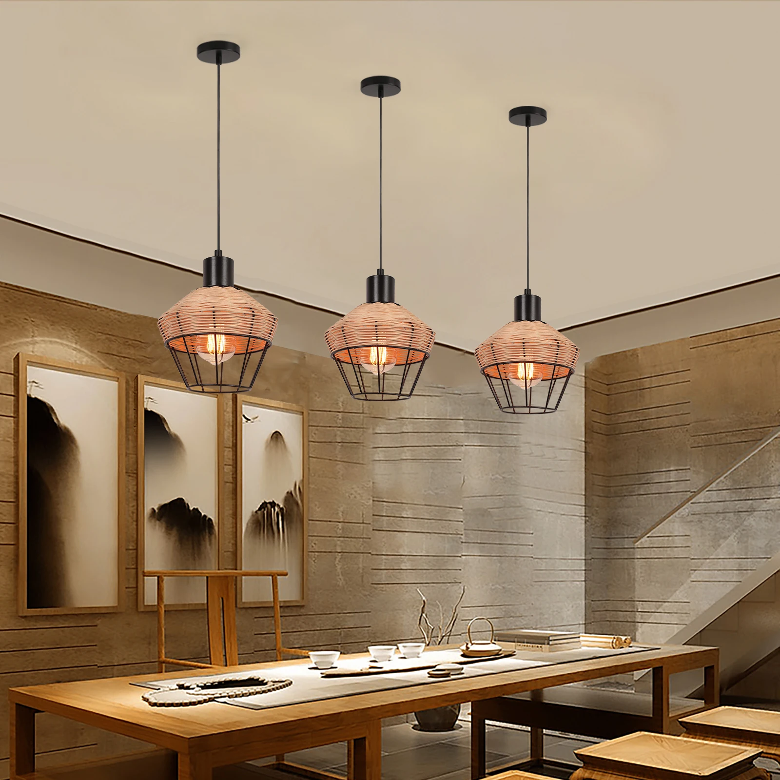 

Nordic-Style Iron And Bamboo Woven Pendant Lamp For Restaurant And Kitchen Featuring Unique Hanging Fixtures