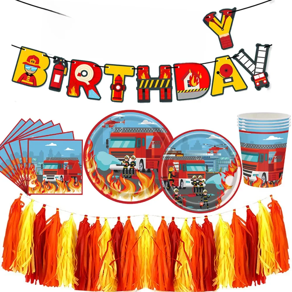 Fournitures de fête d'anniversaire pour camion de pompier, vaisselle jetable, assiettes en papier, gobelets, serviettes, bannière joyeux anniversaire, fête de pompier