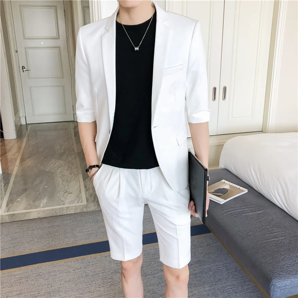 

2023 Summer Men's Suit Set Fitted Half Sleeve Knee Pants Korean Men's Pink And White Suit Jacket With Shorts