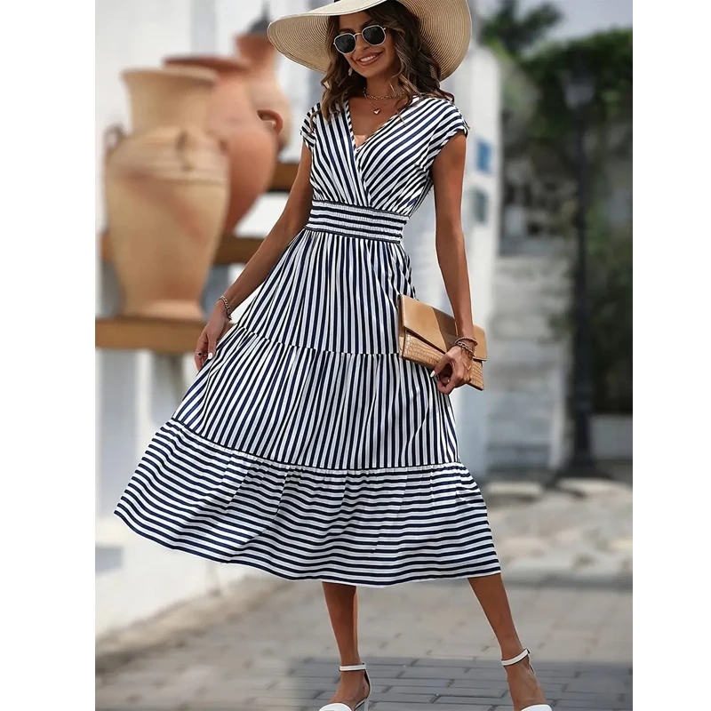 Grace Striped Slope Neck Tank Dress Casual Leeveless Layered Skirt A-line Flowy Dress For Weekends Going Out Women's Clothing