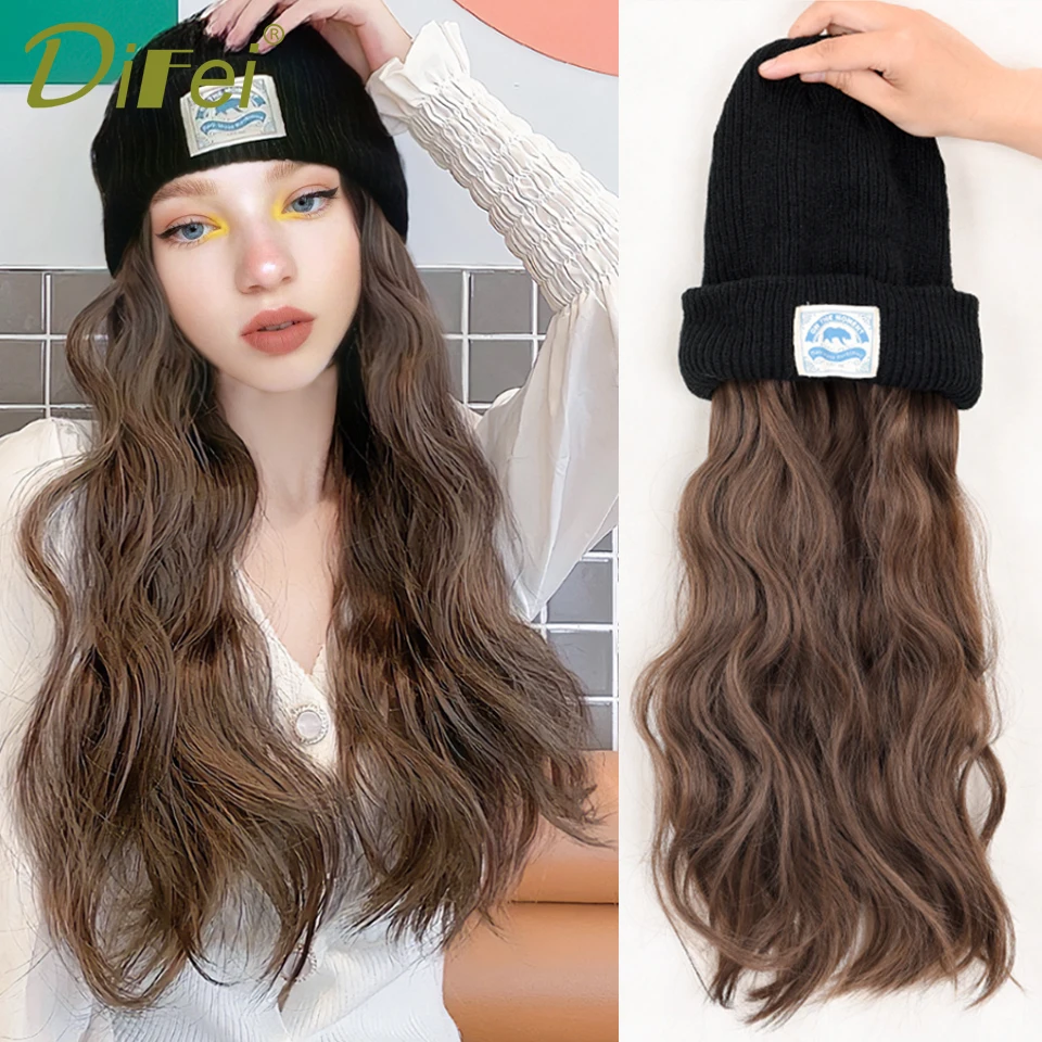 Synthetic Hat Wig Beanies Hat With Hair Wigs For Women Long Wavy Hair  Warm Soft Ski Knitted Autumn Winter Cap Heat Resistant Fi