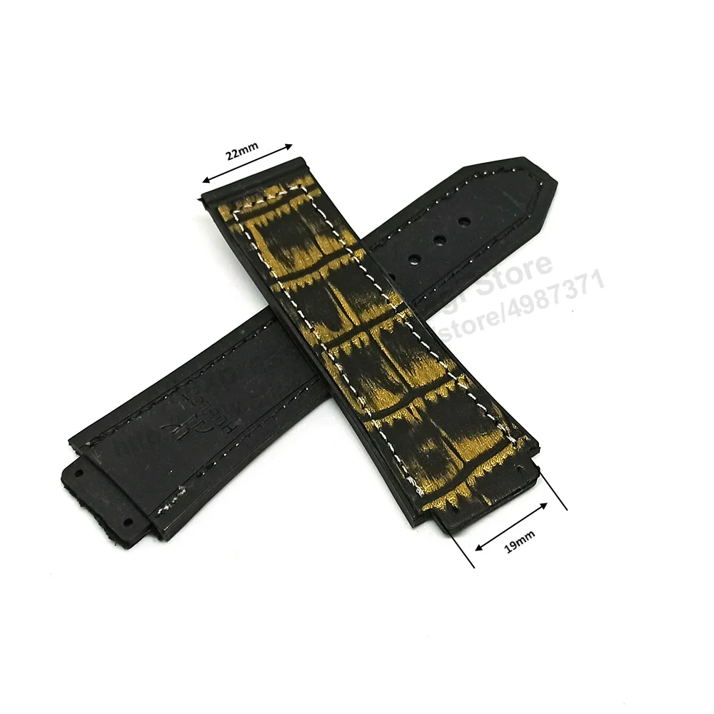 Fits/For Hublot 45mm & 48mm cases - Black - Gold Colour On Black Rubber 19mm Replacement Watch Band Strap Belt