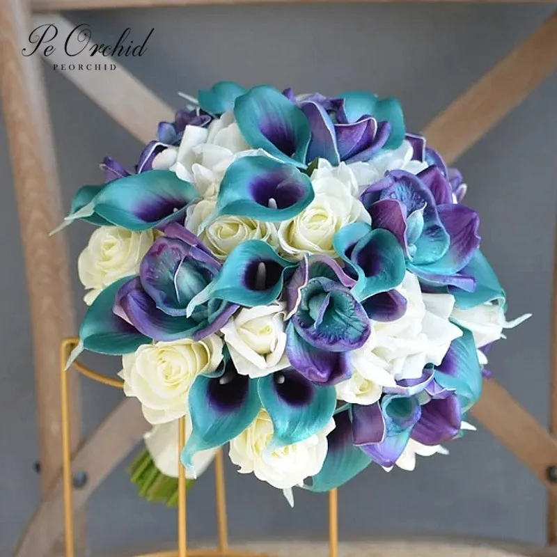 

PEORCHID Real Touch Calla Lilies Teal Purple Wedding Bouquets Rose Artificial Bridal Holding Flowers Bouquets For Bridemaids Set