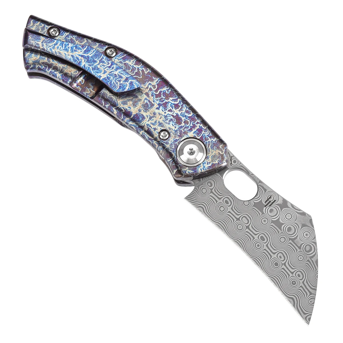 Kansept Osprey K2087A2 2.23'' Damascus + Lightning Strike Anodized Titanium Folding Knife Thumb Hole for Outdoor Adventure EDC