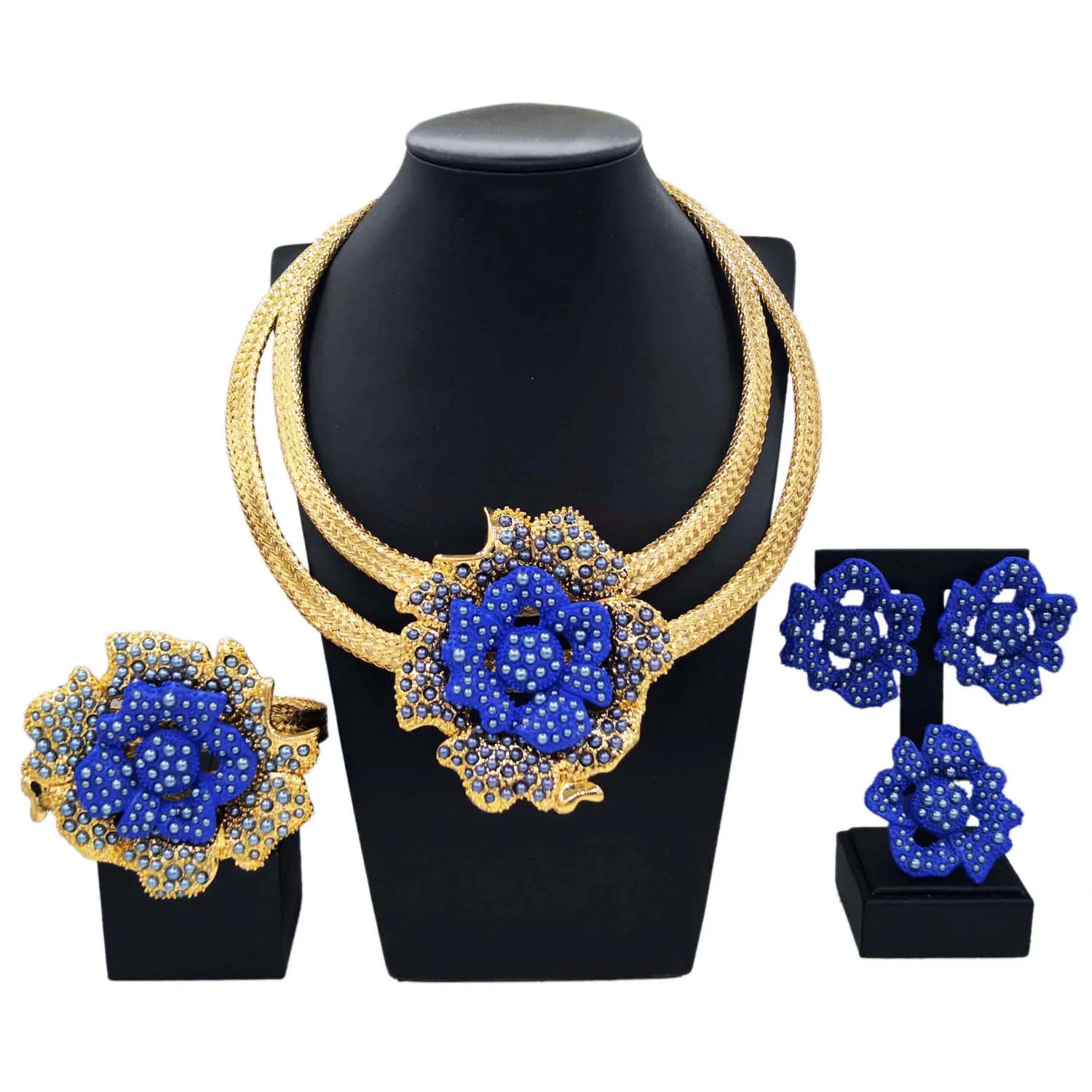 Stylish Brazilian Gold Plated Jewelry Women Jewelry Set Blue Rose Luxury Wedding Necklace Nigerian Engagement Jewelry