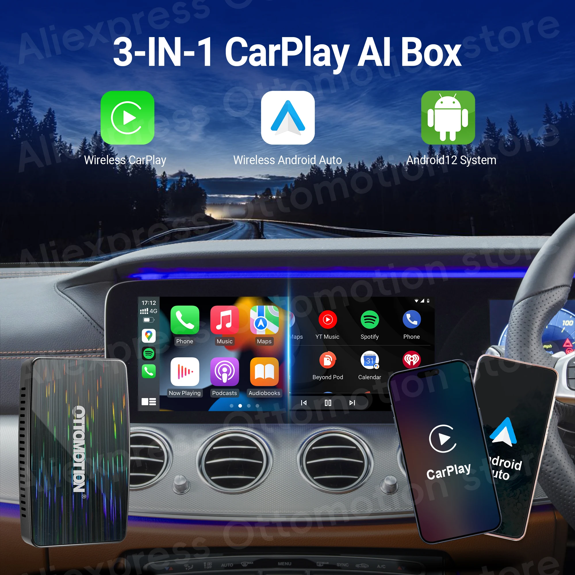 Ottomotion Play2Video PRO  for Youtube Netflix IPTV Wireless CarPlay Android Auto Adapter Video Box for Car Accessories 2024