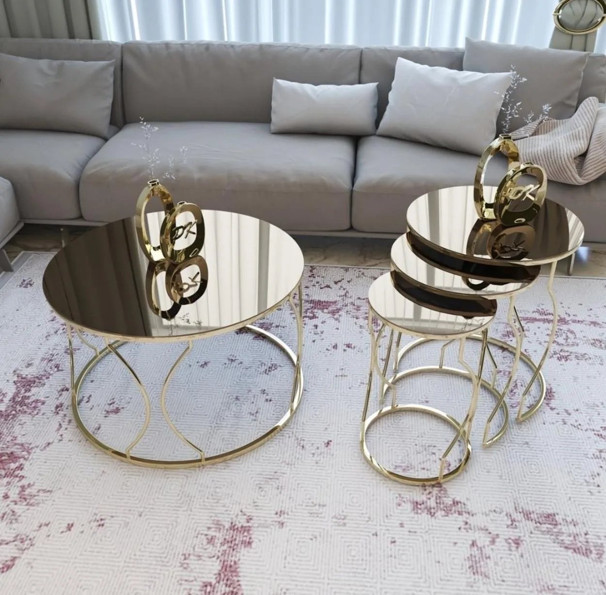 

Quad Coffee Table Set Gold Silver Copper Color Metal, Bronze, Smoked Mirror and Marble Patterned Tea Coffee Table Set