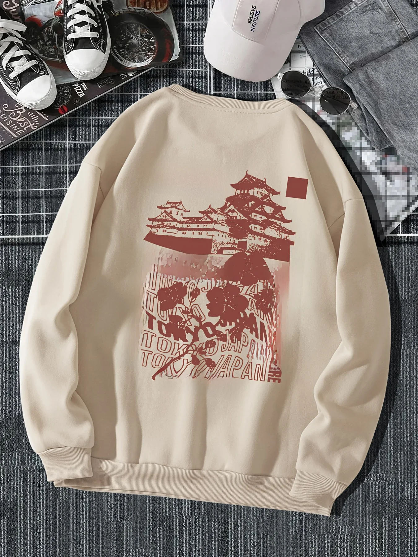 Japanese Tokyo Sakura Printing Spring Casual Women Pullover Sweatshirt Warm Soft Hoodies Loose Crewneck Fleece Odzież Damska — zdjęcie 2