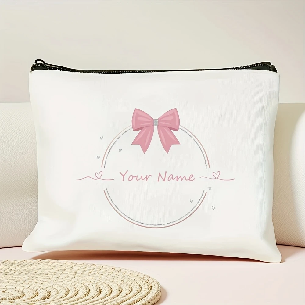 Custom Pink Bow Heart Makeup Bag Minimalist Foldable Light Large Storage For Medicine Travel Party Shopping Pouch